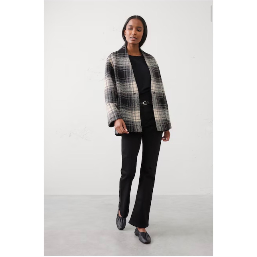 Banana Republic Factory Knit Boucle Coat Plaid Black Cream Sz  Small